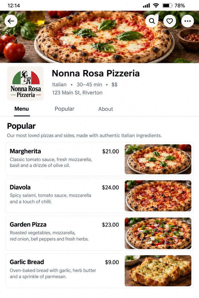 Nonna Rosa Pizzeria page after